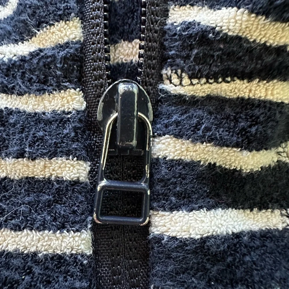 Snow Peak Terry Cloth Zip Up Hoodie Navy Cream Striped Medium Unisex